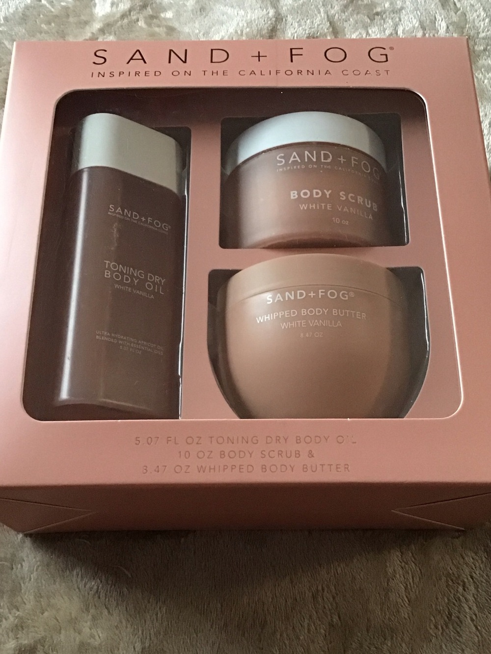 New 🎁 Idea Set SAND + FOG White Vanilla Body Butter , Scub and Body Oil - Picture 1 of 2
